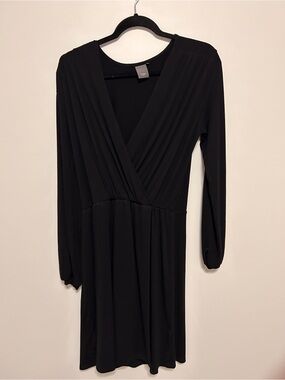 ICHI Women’s Size Medium Black Long-Sleeve V-Neck Faux Wrap knee Length Dress